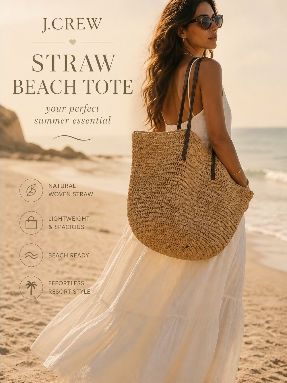 J. Crew Natural Straw Tote with Dark Brown Straps
